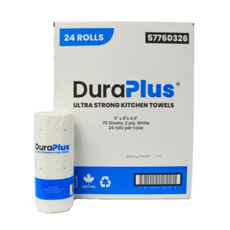 DuraPlus® Professional Kitchen Towel, 2-Ply, White, 24 Rolls/Case, 70 Sheets/Roll, Made in Canada