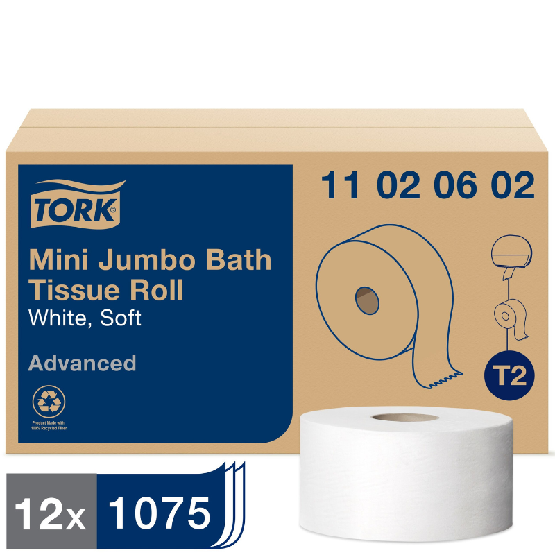Tork® Mini Jumbo Bath Toilet Tissue Roll, Perforated, 2-Ply, 1,075 Sheets/Roll, 12 Rolls/Case